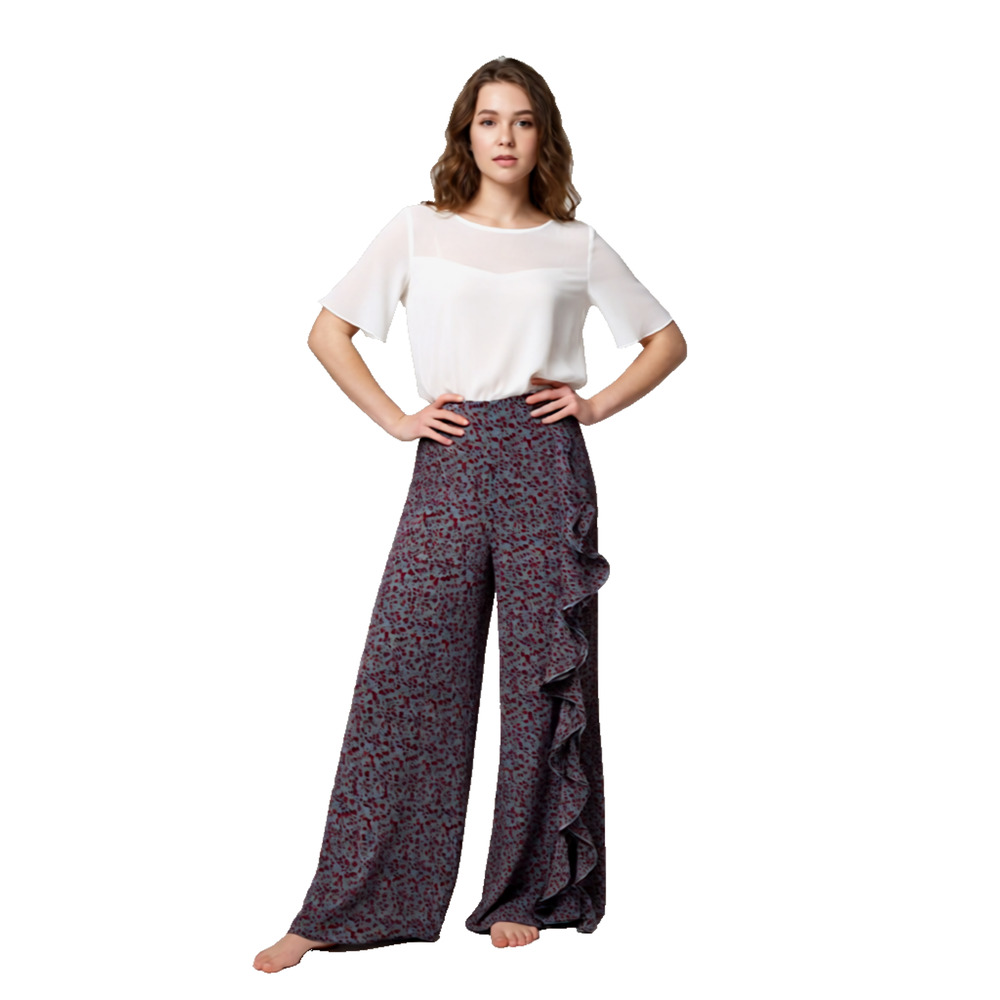 NWT Pretty Little Thing Blue Palazio Pant with Front Side Ruffle Boho 6